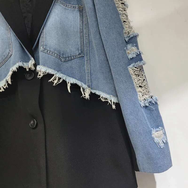 DEAT New Fashion Women's Contrasting Color Patchwork Suit Denim Jacket Loose Notched Long Sleeve Coat Female 2024 Autumn 11A0985