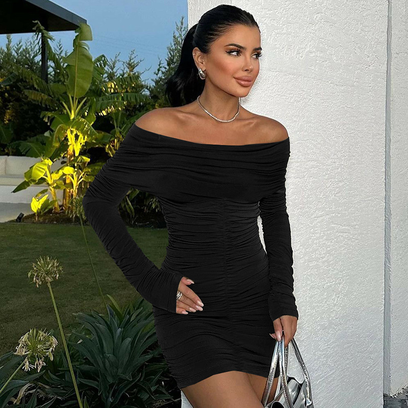 Hot Selling Women's New4 New Fashionable And Sexy One Shoulder Pleated Solid Color Hip Hugging Dress
