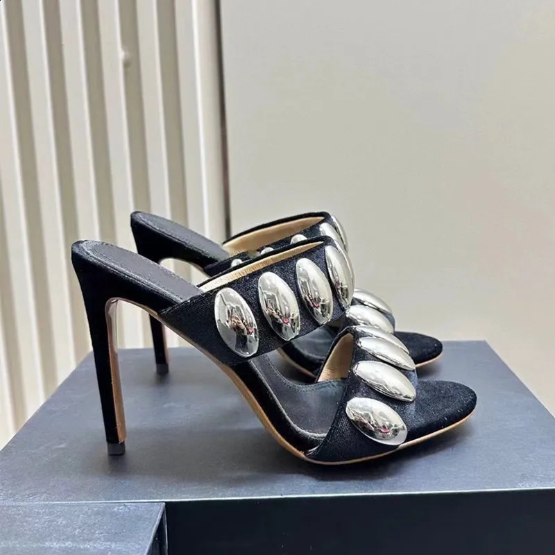 Summer Metal Decor Women Slippers Sandals Fashion Banquet Rivet Stiletto high Heels Suede Pumps Female Mules Slides 250228