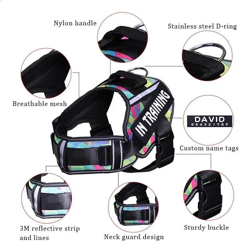 KOMMILIFE Adjustable Nylon Dog Harness Personalized Harness For Dogs Reflective Breathable Neck Guard Dog Harness Vest No Pull 250224