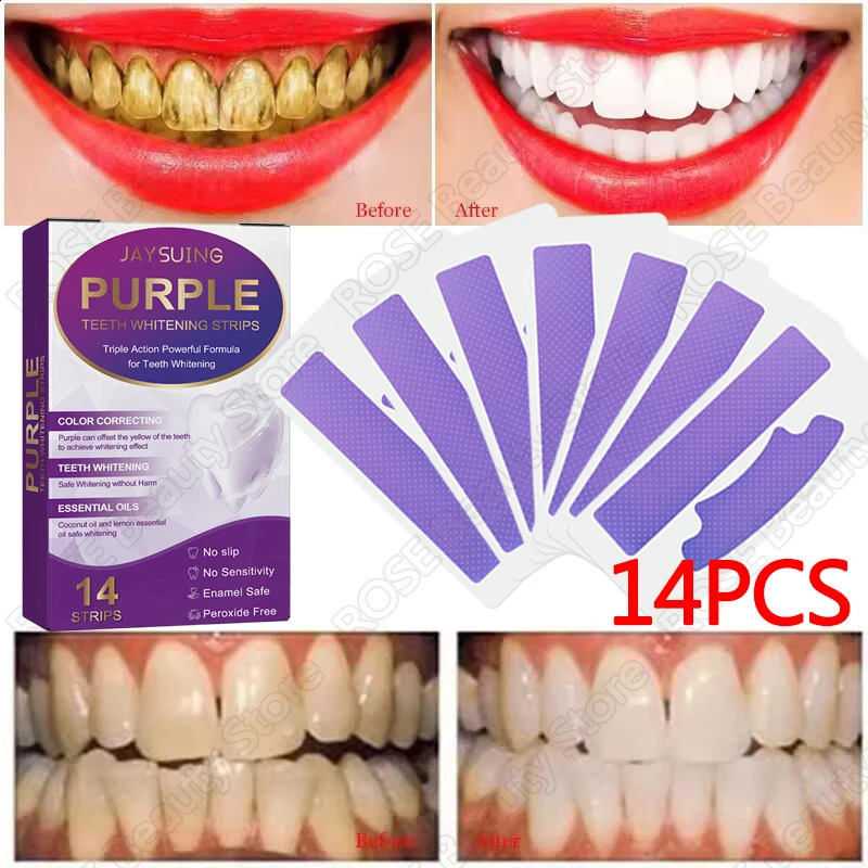Purple Whitening Teeth Stickers 14 Pairs Gel Whitening Strips Stain Removal Oral Hygiene Care Strip Dental Bleaching Tools Teeth 250227