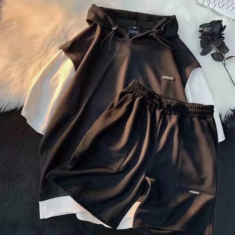 Summer Mens Fashion waffle short sleeved T-shirt two-piece mens casual and comfortable plus size high-quality sports set 5XL 250225