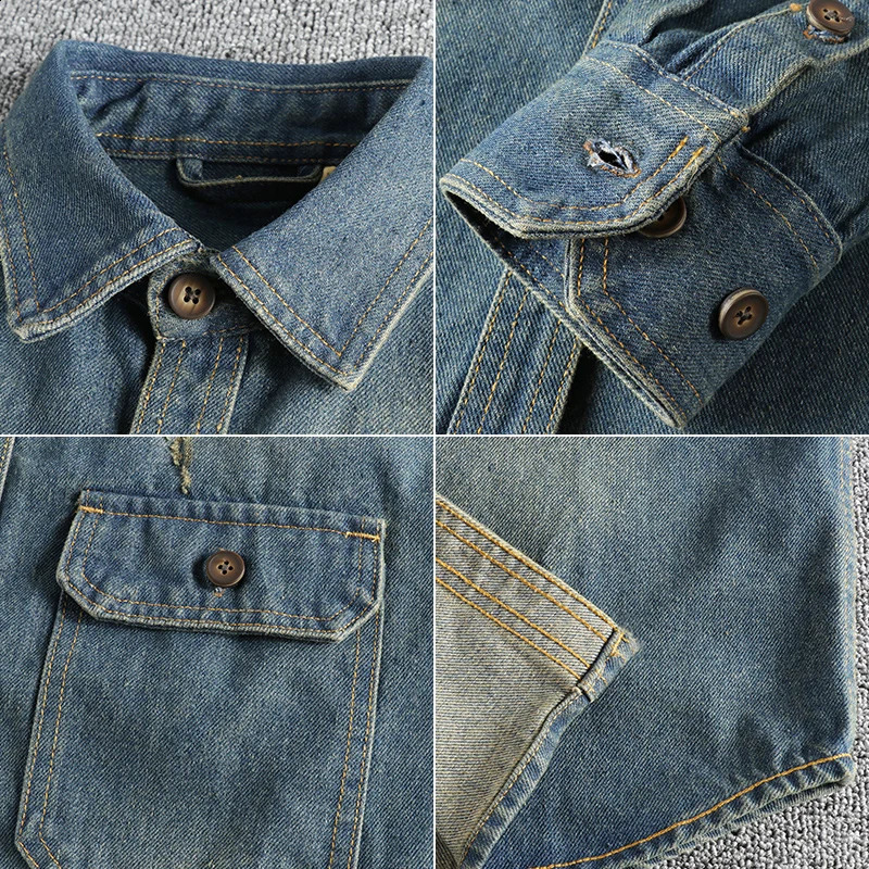 Heavy washing to do old vintage denim shirt men loose casual trend youth 250226