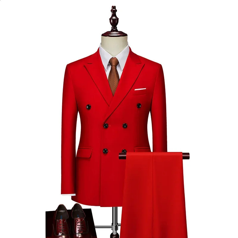 Mens Business Casual Suit Double Breasted Western Style Clothes Set Color Korean Slims Smooths Silhouette Banquet Gown Top 250224