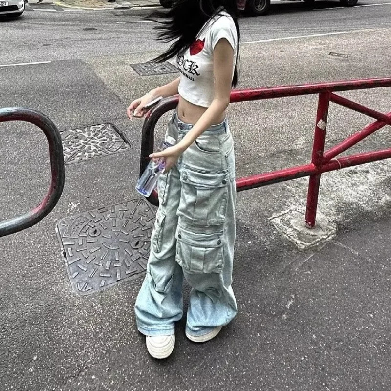 American Retro Multi Pocket Workwear Womens Jeans Sense Straight Tube Loose Wide Leg Pants Floor Length Pants Trendy 250224