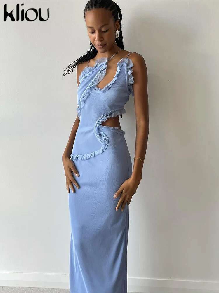 Kliou Ruched Trim Women Maxi Dress Solid Elegant Trend Asymmetrical Suspendency Sheath Concise Robe Female Banquet Party Vestido