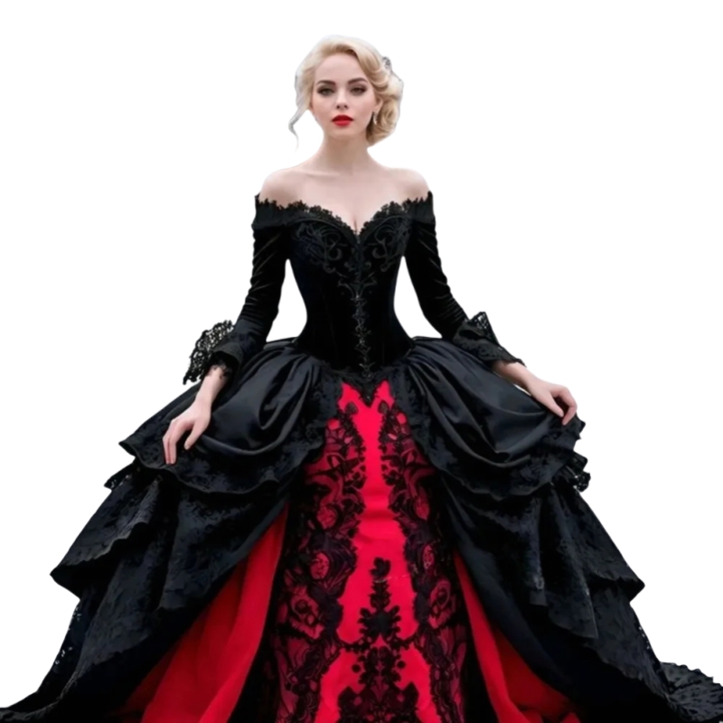 2025 Black And Red Gothic Wedding Dresses Off Shoulder Long Sleeves Princess Bridal Gowns Lace Appliques Vintage Victorian Bride Dress Back Corset