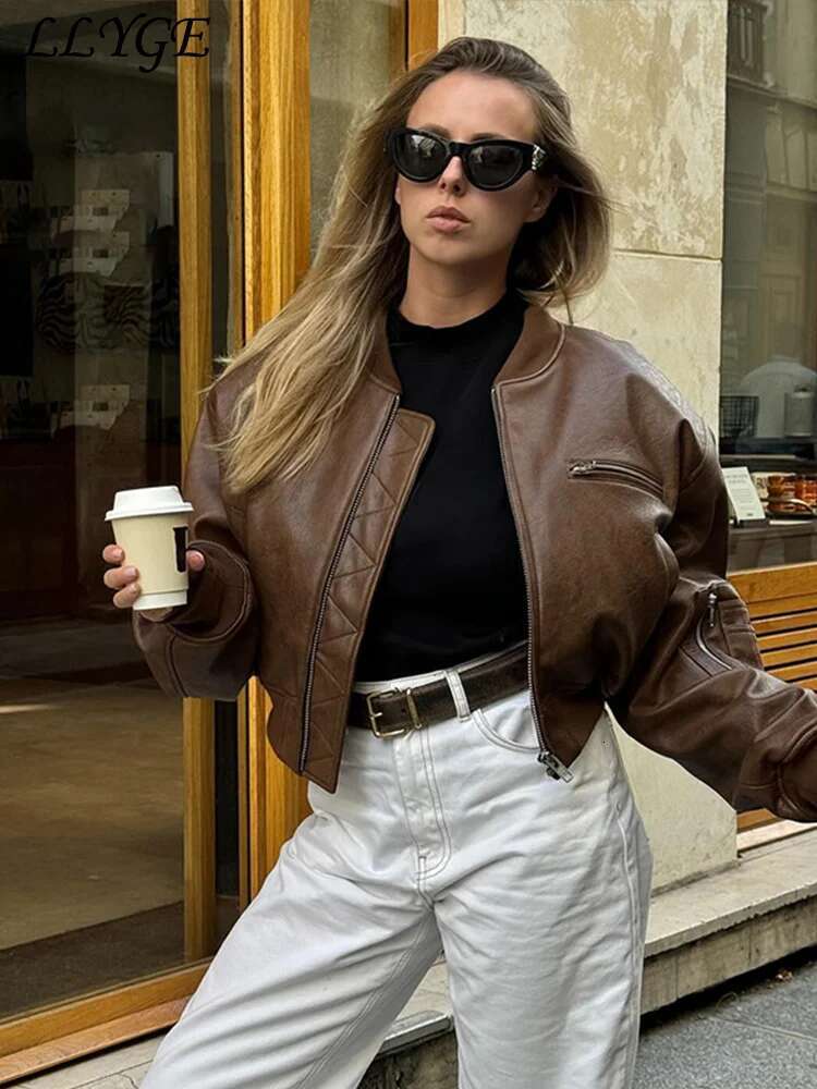 Designer Fashion Imitation Leather Bomber Jacket Women Loose O-Neck Zipper Short Coats 2024 Autumn Lady Vintage Locomotive Style Outwear