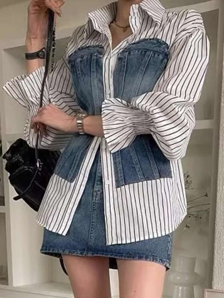 Korean Fashion Denim Patchwork Long Sleeve Striped Blouse Slim Single Breasted Temperament Women Shirt Spring 2025 Autumn