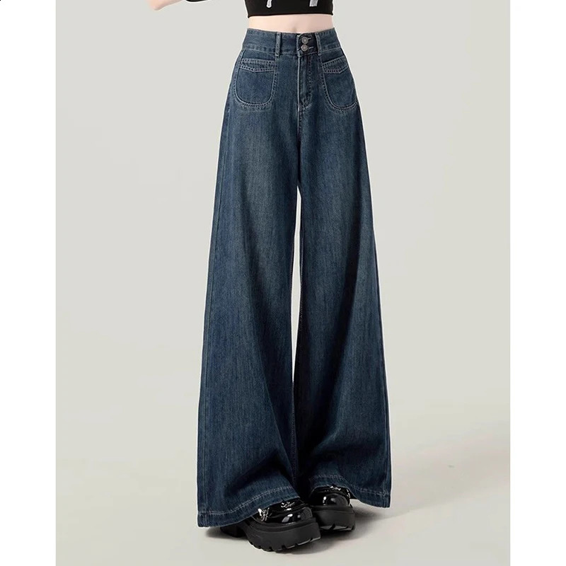 Dark Blue Jeans Women High-Waisted Vintage Loose Lazy Harajuku Wide-Leg Pants Y2K Korean Pocket High Street Female Denim 250225