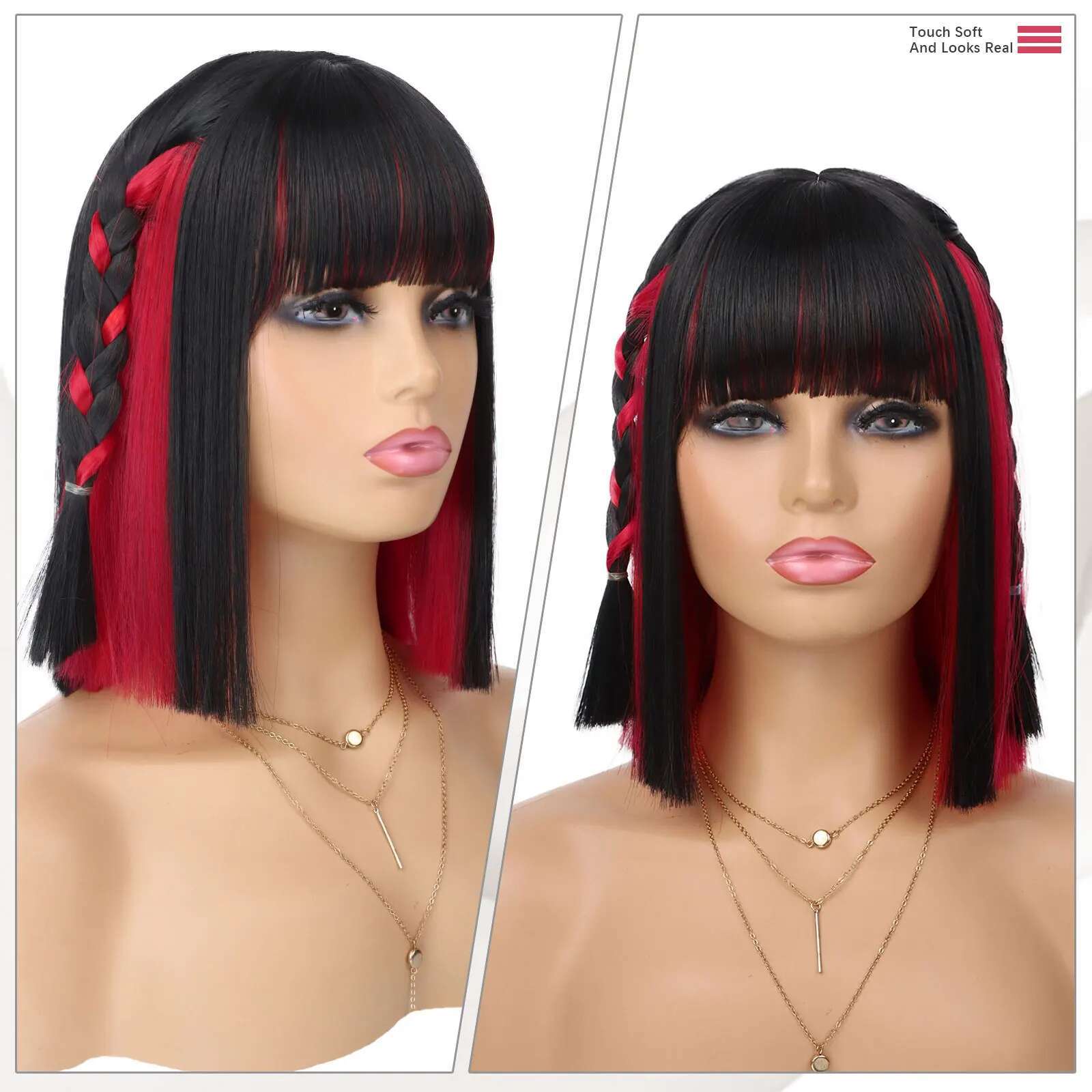 Synthetic Short Straight With Bangs Women Peekaboo Wigs Two Color Bob Wig For Daily Party Use