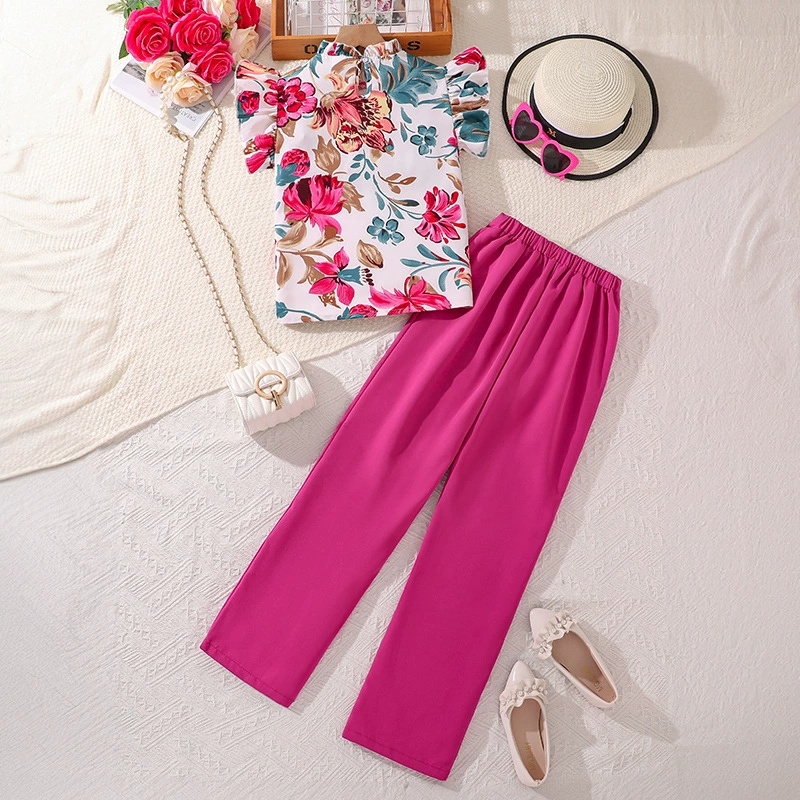 Kids Clothing Sets For Girls Sleeveless Flower Print Top And Solid Color Pants Stylish Girls Vacation Holiday Outfits Kids Suits D263