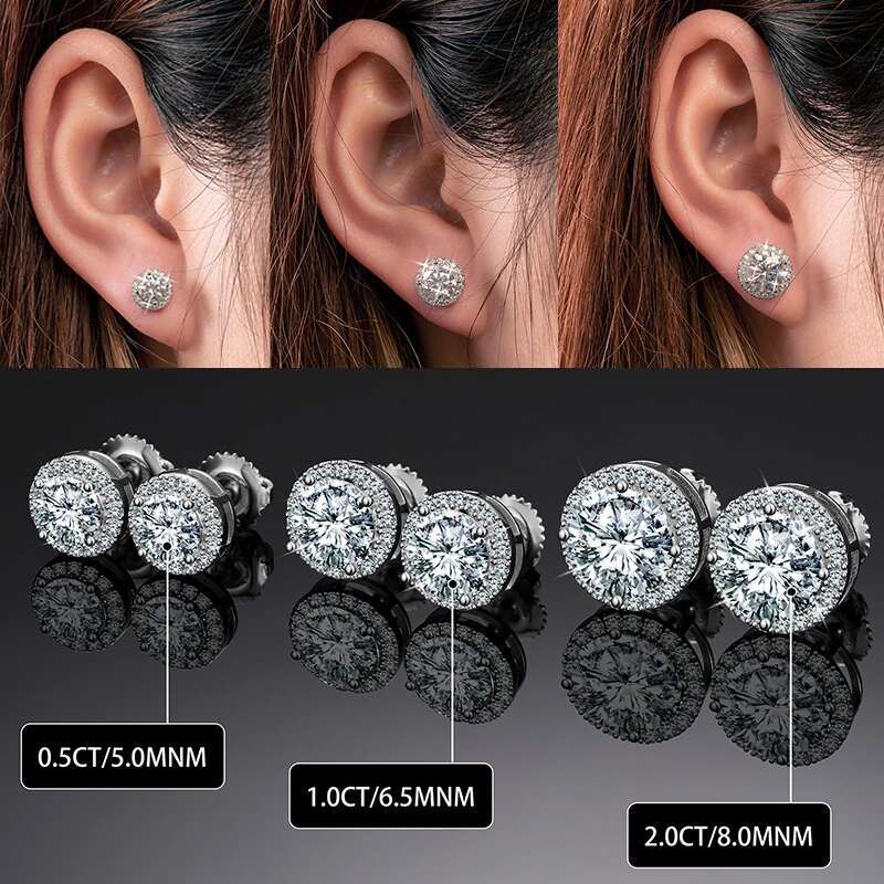 Sterg Sier Real 0.5-2CT Moissanite Stone Round Stud Earrings For Women Men Fashion Jewelry Pass Dia Test ICEOUTBOX