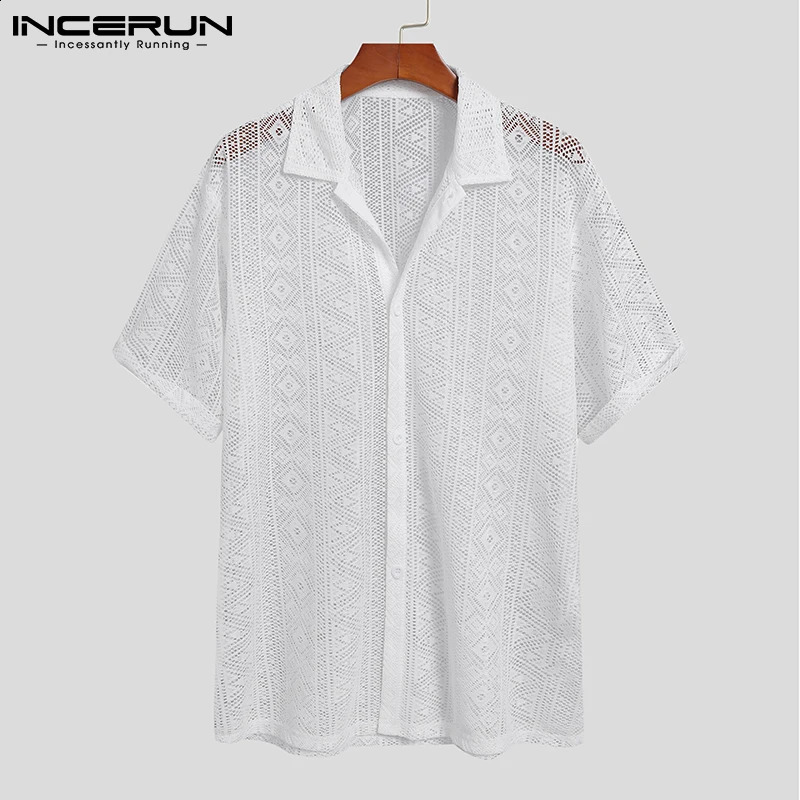 INCERUN Tops American Style Casual Mens Hollow Lace Printed Shirts Fashion Street Short Sleeved Lapel Blouse S-5XL 250224