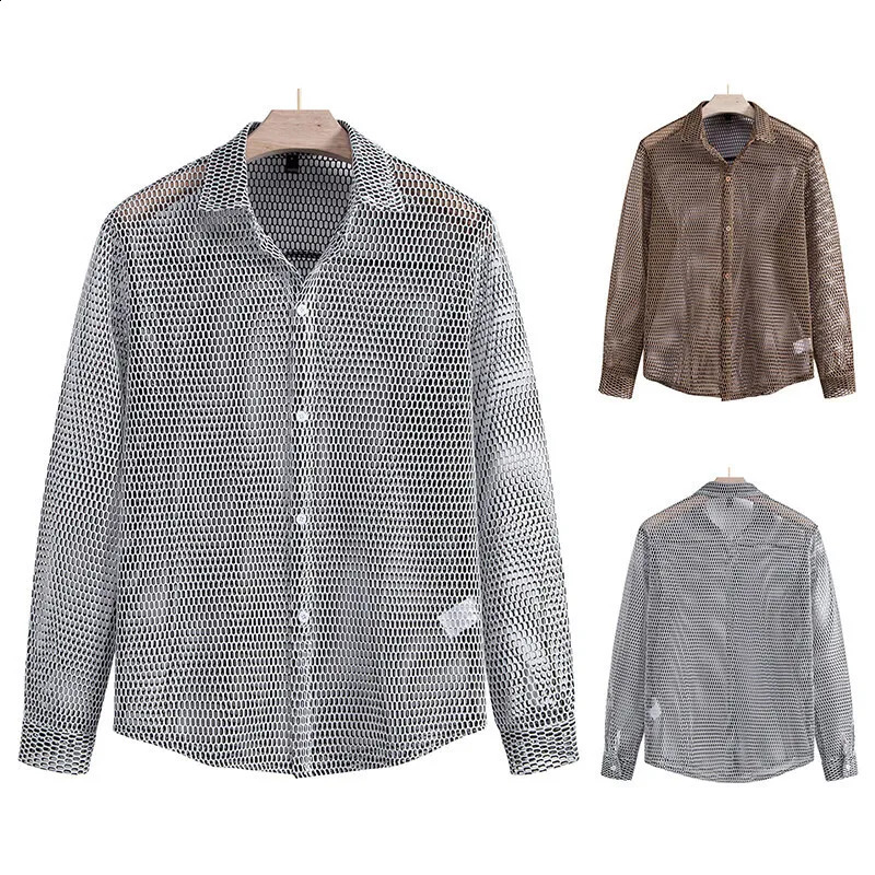 PFHQ Mens Hollowed Out Long Sleeved Shirt Nightclub Single Breast Long Sleeve Casual Male Tops 21E1635 250224