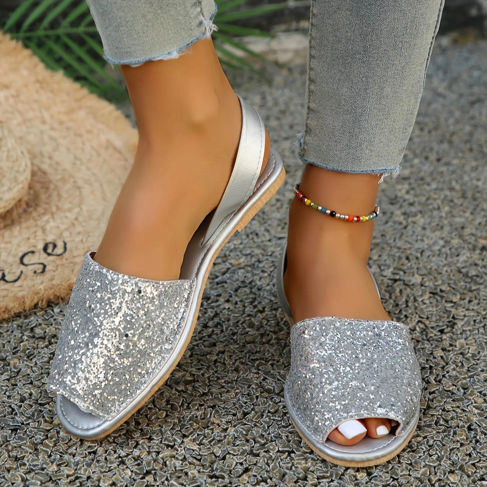 Fashion Shiny Slippers Pure Color Baotou Peep Toe Slip On Back Cutout Heel Strap Sandals European American Women Shoes 250228