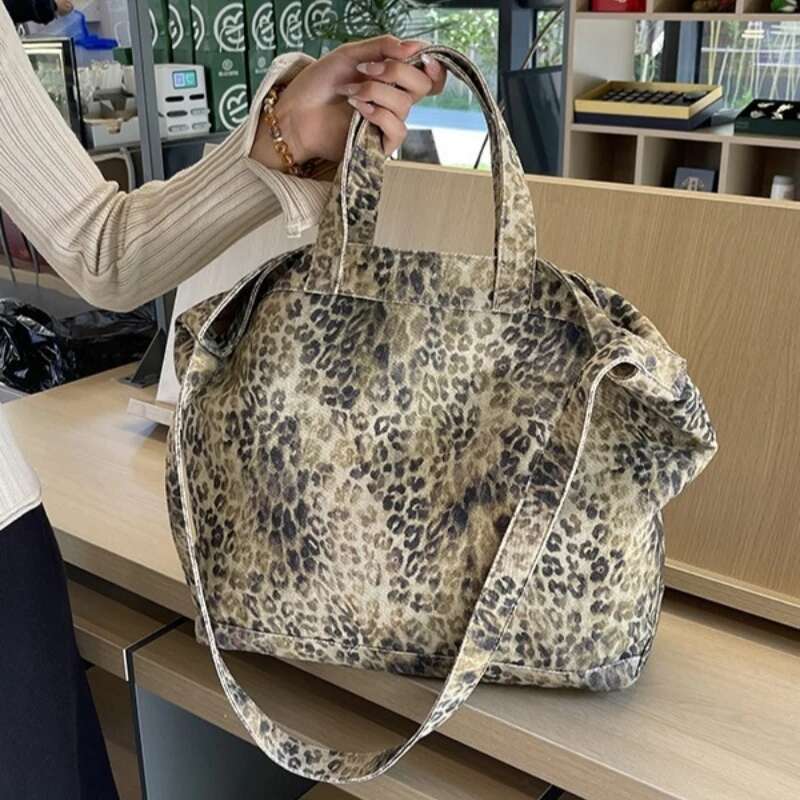 Fashion Leopard Pattern Large Capacity Canvas Tote For Women Casual Trend Hand Shopping Bag Female Daily Folding Handbag