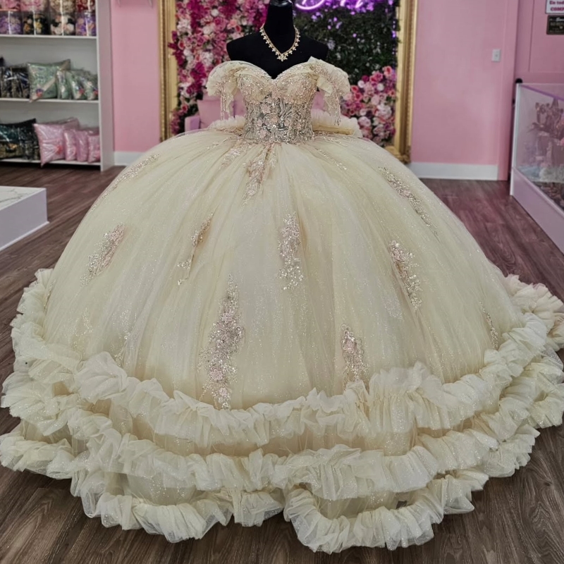 Beige Shiny Quinceanera Dresses Ball Gown Off Shoulder Applique Beads Bow Tull Tiered Corset Sweet 16 Dress Vestidos 15 De Anos