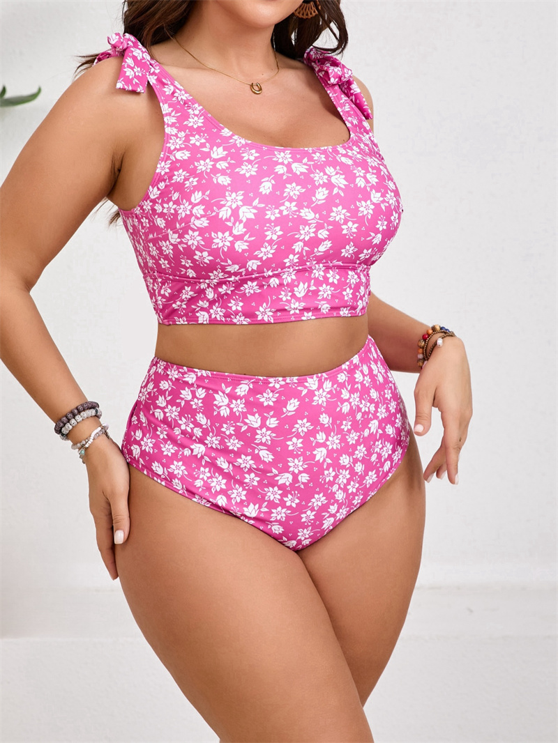 Women's Plus Size Floral Print Tie Strap Tops with High Waist Thong Tankini Sets