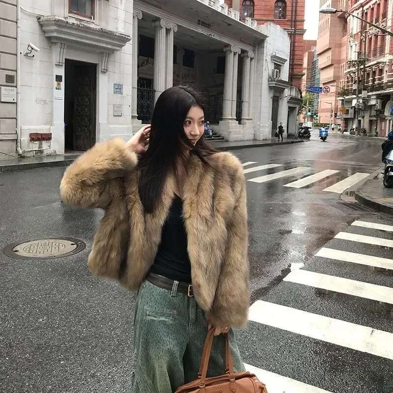New Korean Fashion High End Fox Coat for Winter Clothes V-neck Warm Brown Short Fur Jackets Women Tops
