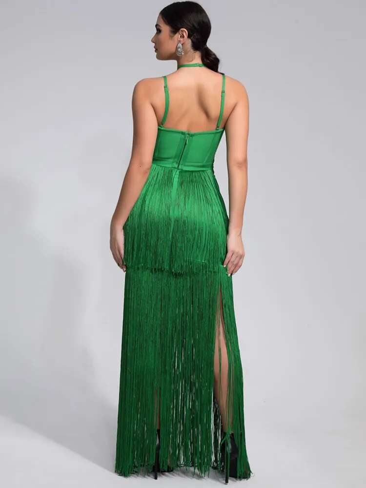 Women Celebrity Sexy Sleeveless Tassel Green Maxi Long Bandage Dress 2024 Knitted Elegant Evening Club Party Outfit