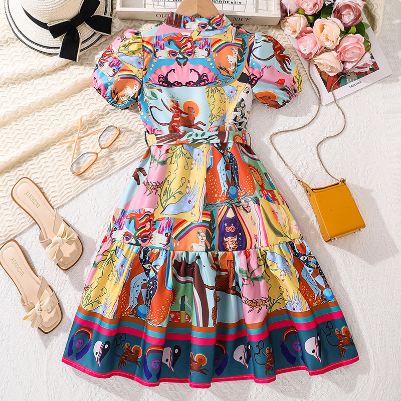 Graphic Dress For Tween Girls 8-12 Years Allover V-Neck Puff-Sleeve Shirt Dress Trendy Preteen Kids Summer Casual Clothes D256
