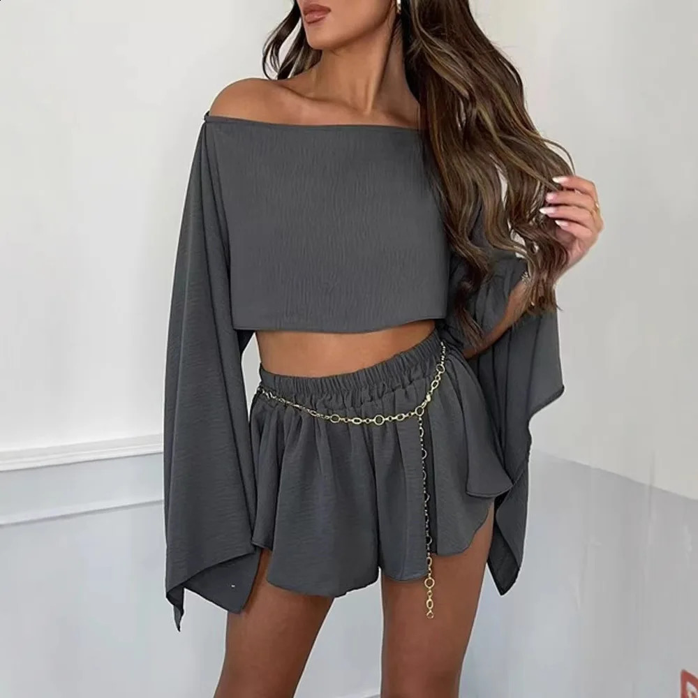 Solid Beach Short Sets Women Fashion Off The Shoulder Crop Top and Mini Shorts Outfits Summer Casual Loose Holiday Two Piece Set 250228