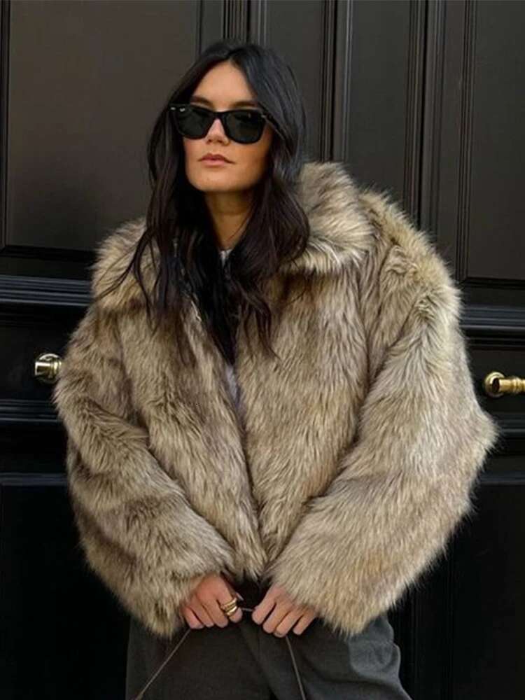 Fashion Faux Fur Coat Women Turn-down Collar Thick Zipper Warm Pocket Outwear Overcoat Fluffy Long Sleeve Ladies Jacket