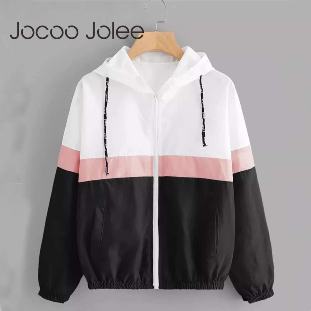 Fashion Hooded Windbreaker Women Elegant Color Block Patchwork Zipper Bomber Jacket Autumn Casual Coat Outerwear Raincoat
