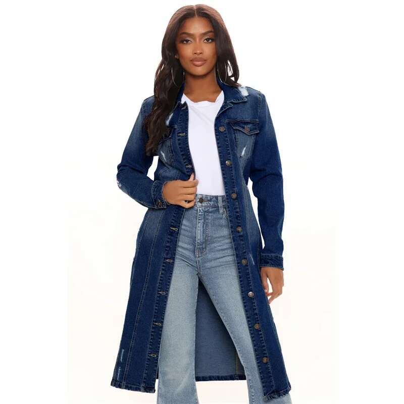 New Arrival Fashion Hole Cotton Aumn Winter Denim Jacket 2023 Trench Cardigan Jeans Cape Women Long Sleeve Jean Coat