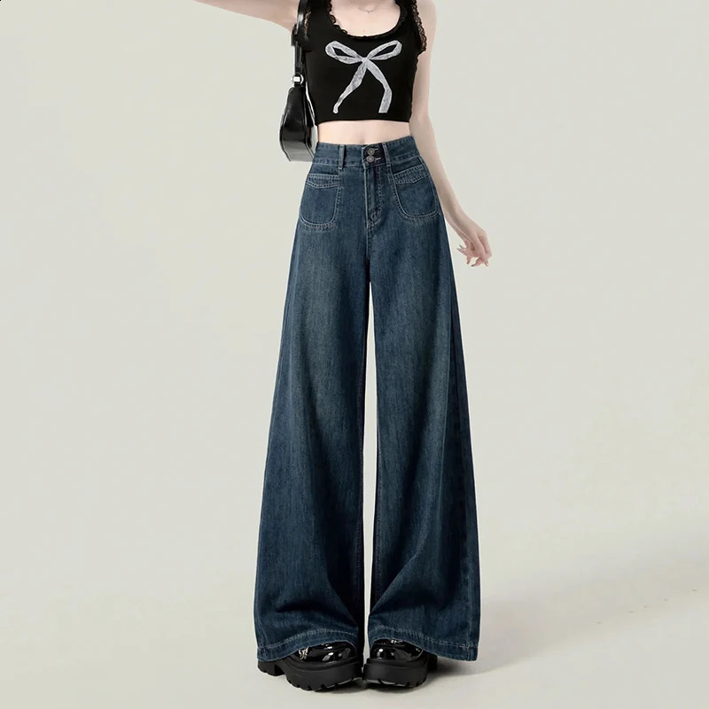 Dark Blue Jeans Women High-Waisted Vintage Loose Lazy Harajuku Wide-Leg Pants Y2K Korean Pocket High Street Female Denim 250225