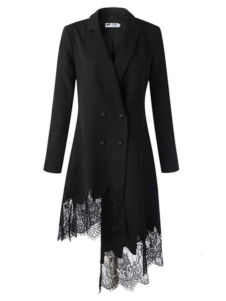 DEAT Fashion Women's Dress Notched Doube Breasted Irregular Hem Lace Spliced Slim Suit Jackets Summer 2024 New Tide 7Ab4231