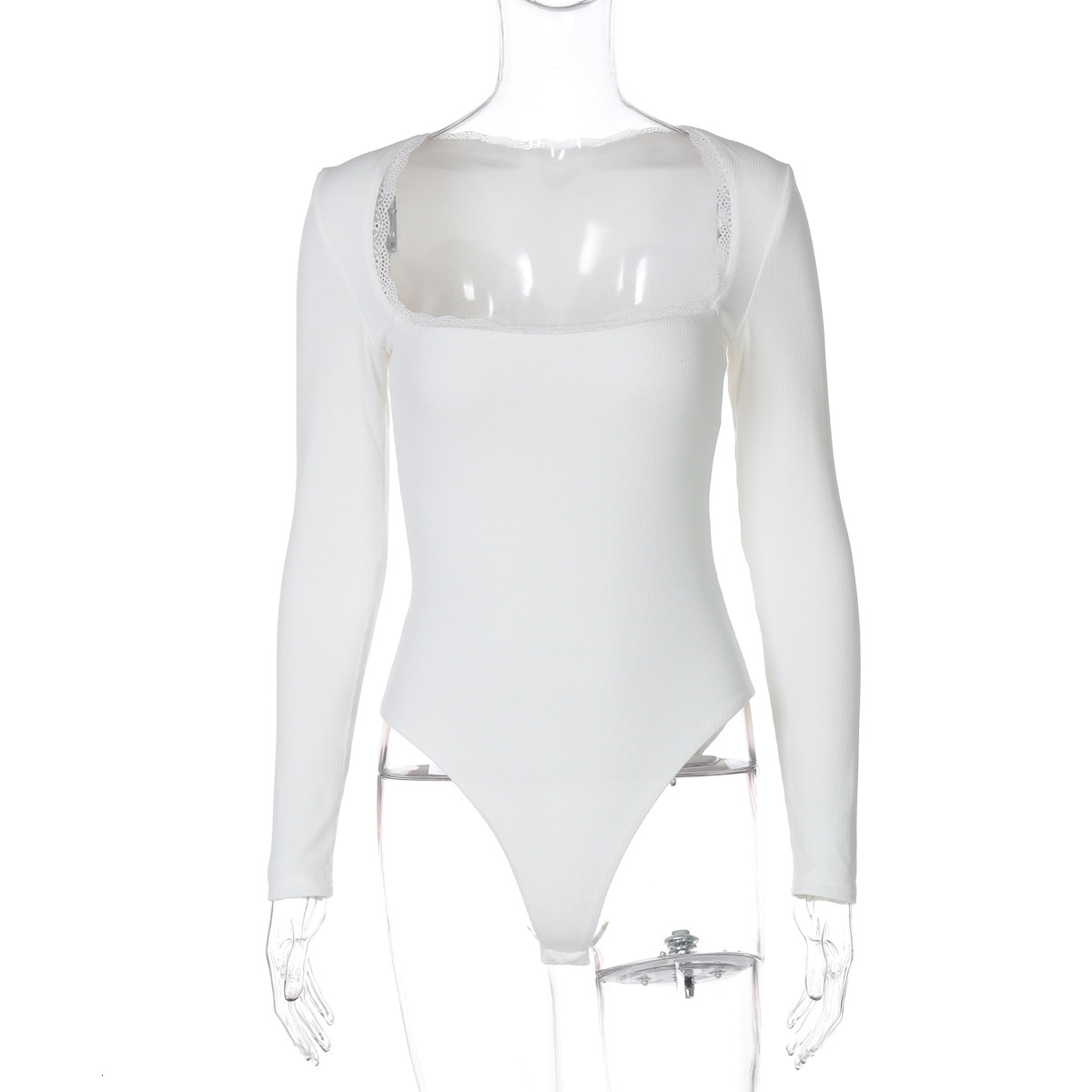 Women's New4 Winter New Product Fashionable And Sexy Square Collar Lace Slimming Bottom Long Sleeve Jumpsuit