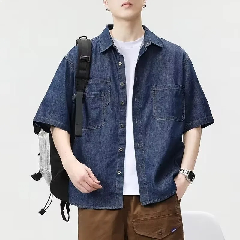 GIOIODenim shirt for men2025Spring Summer Loose MultiPocket Cargo Denim Casual Shirt 250226