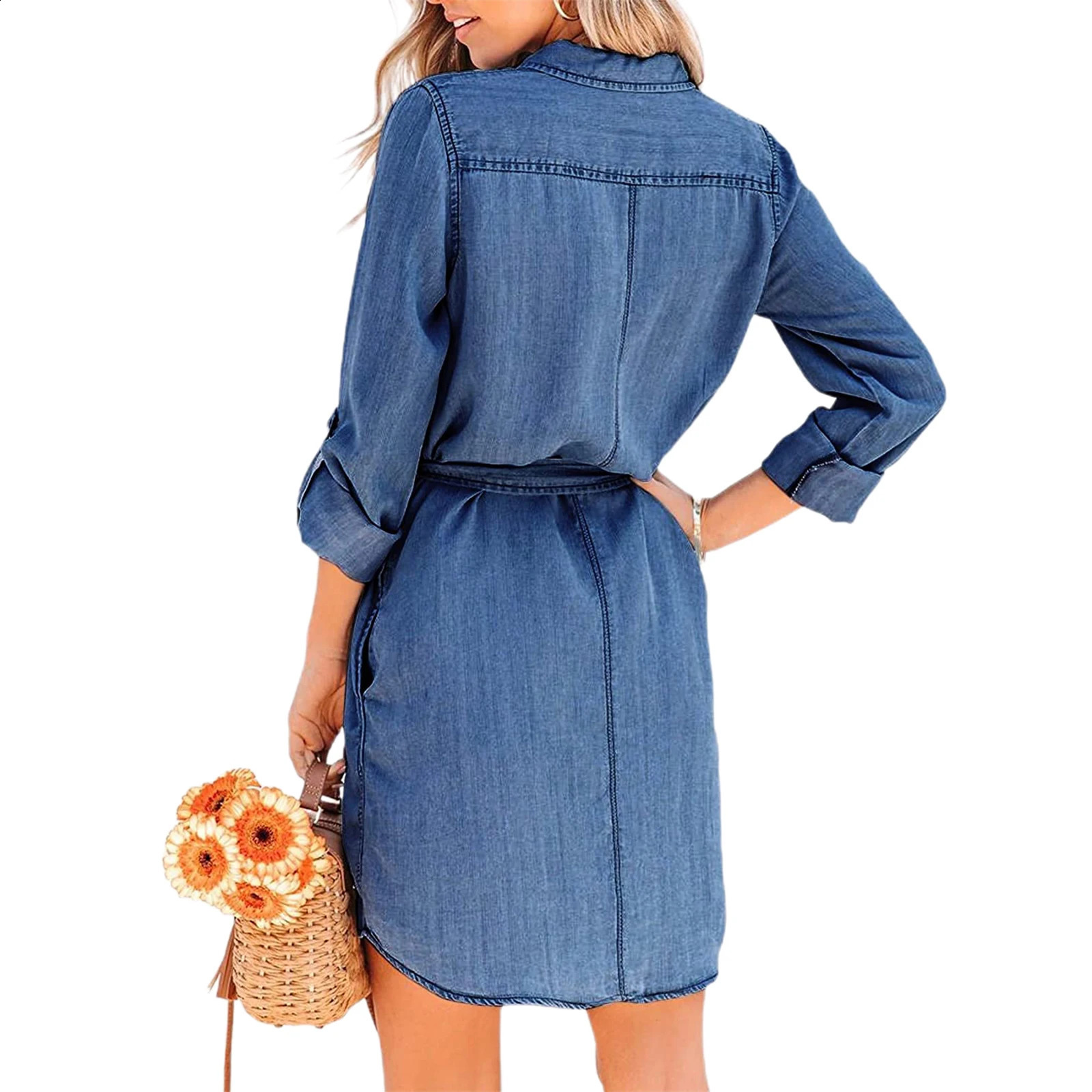 Fashion Women Casual Denim Dress Solid Color Long Sleeve ButtonDown Lapel Short with Belt Shirts 250227Z