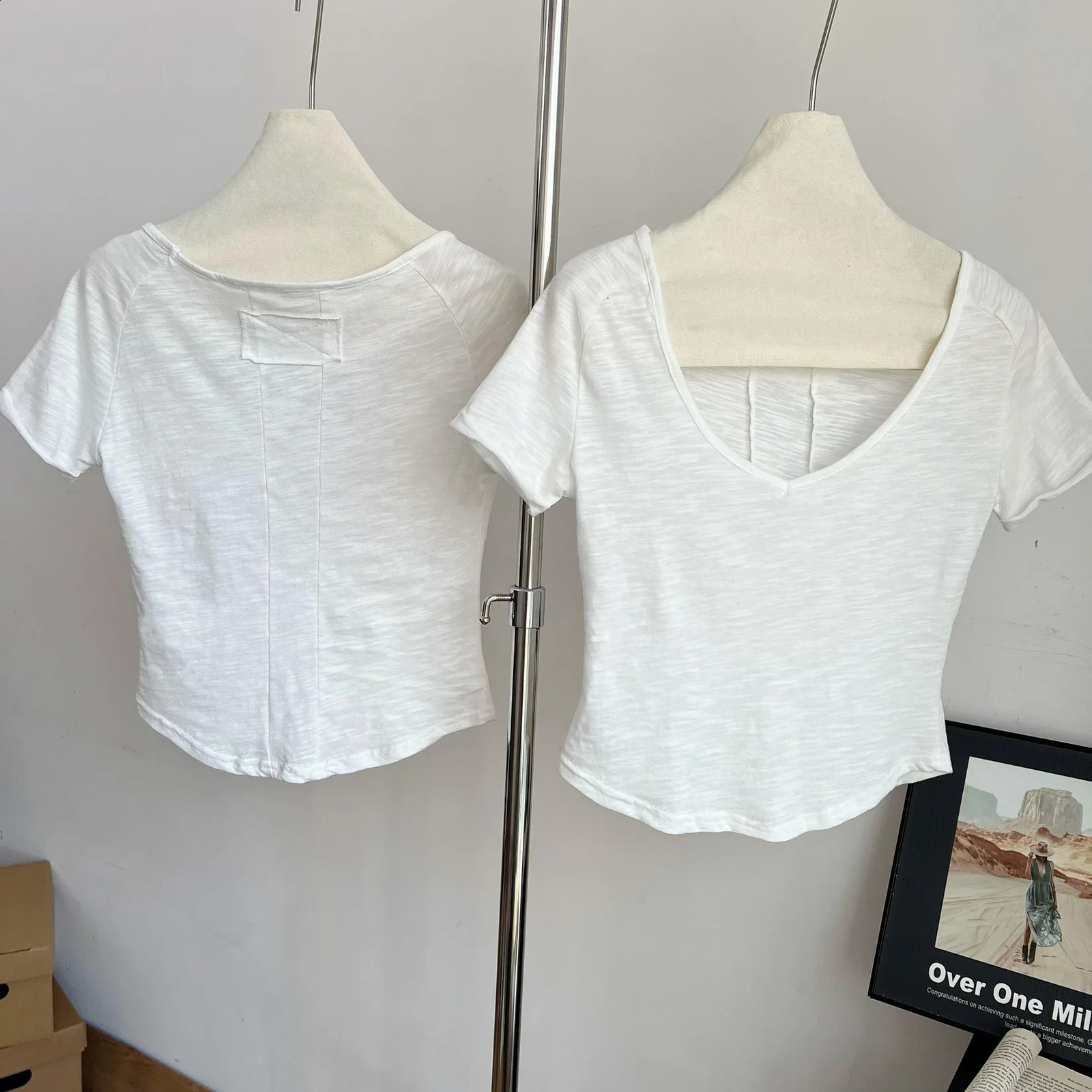 Women Summer basic Tops V neck Big collar Slim Pink solid tee Tops Short Sleeve Women Casual Tshirts 250225