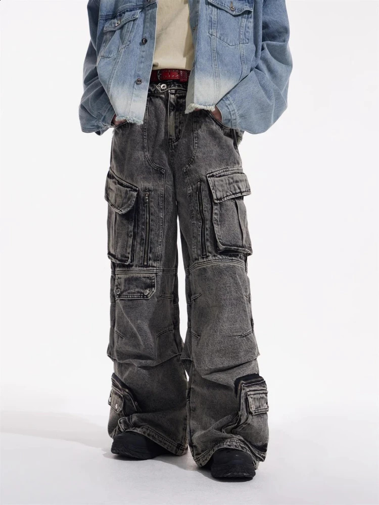 Cargo Style Jeans Women 2000s Y2k Baggy Techwear Vintage Multi Pockets American High Street ed Couples Hip Hop Trousers 250224