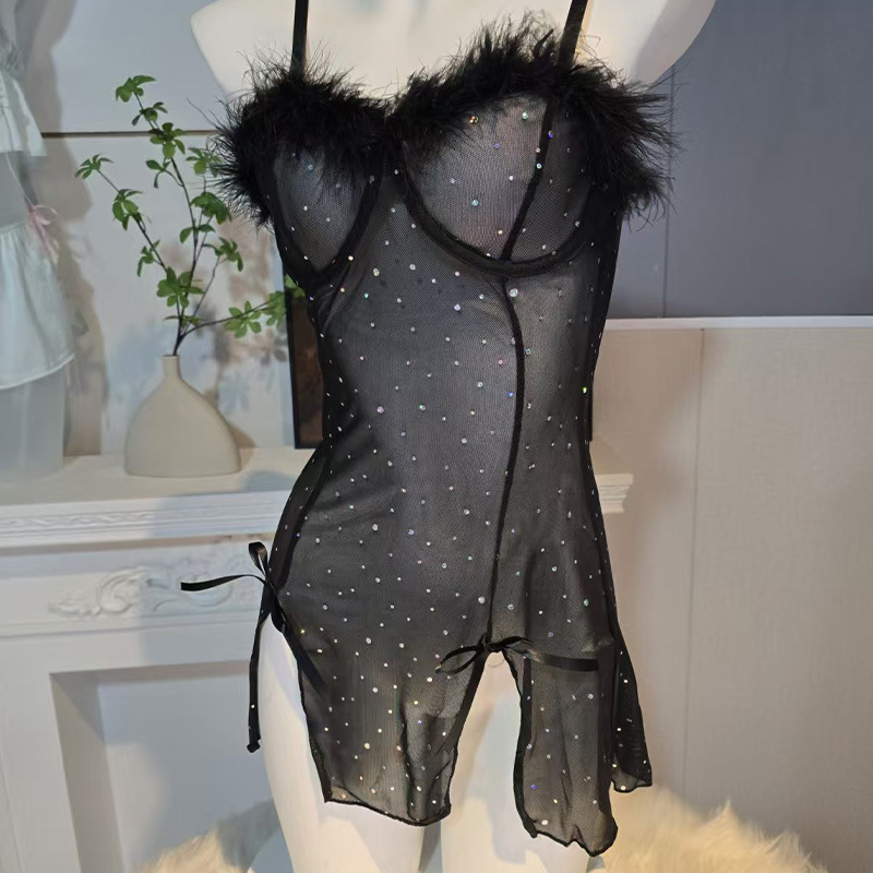 S140 New Spring and Summer Sexy Pajamas Sequined Feather Dress Slit Elastic Pure Desire