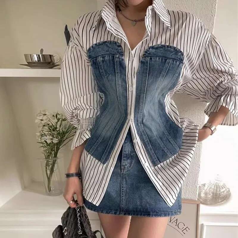 Korean Fashion Denim Patchwork Long Sleeve Striped Blouse Slim Single Breasted Temperament Women Shirt Spring 2025 Autumn