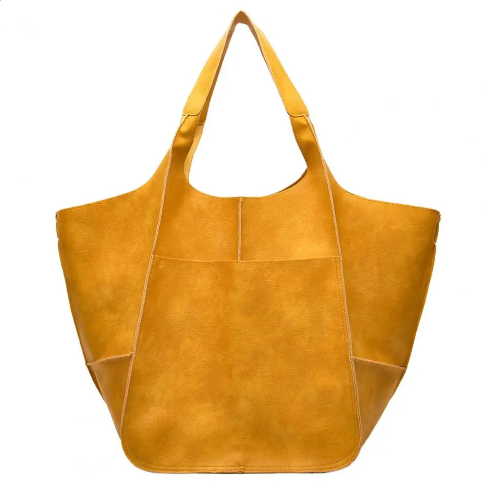 Oversized Tote Bag Solid Color Large Capacity Shoulder Bag Leather Vintage Foldable Tote Vacation Handbag 250305