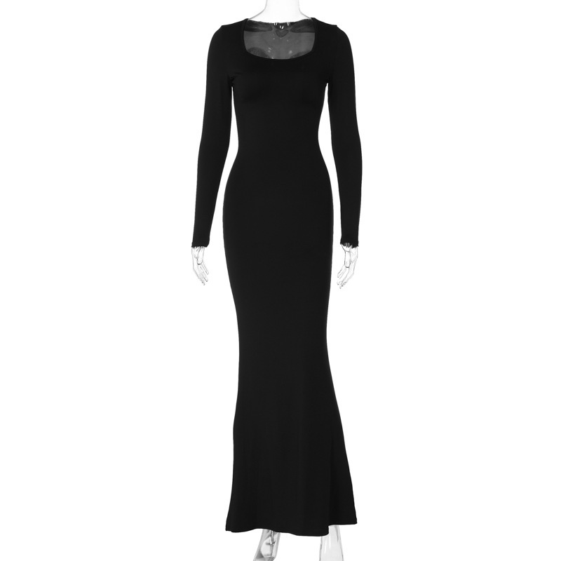 Women's Clothing New4 Autumn New Product Fashionable Slim Fit Backless Lace Up U-Neck Long Sleeved Dress