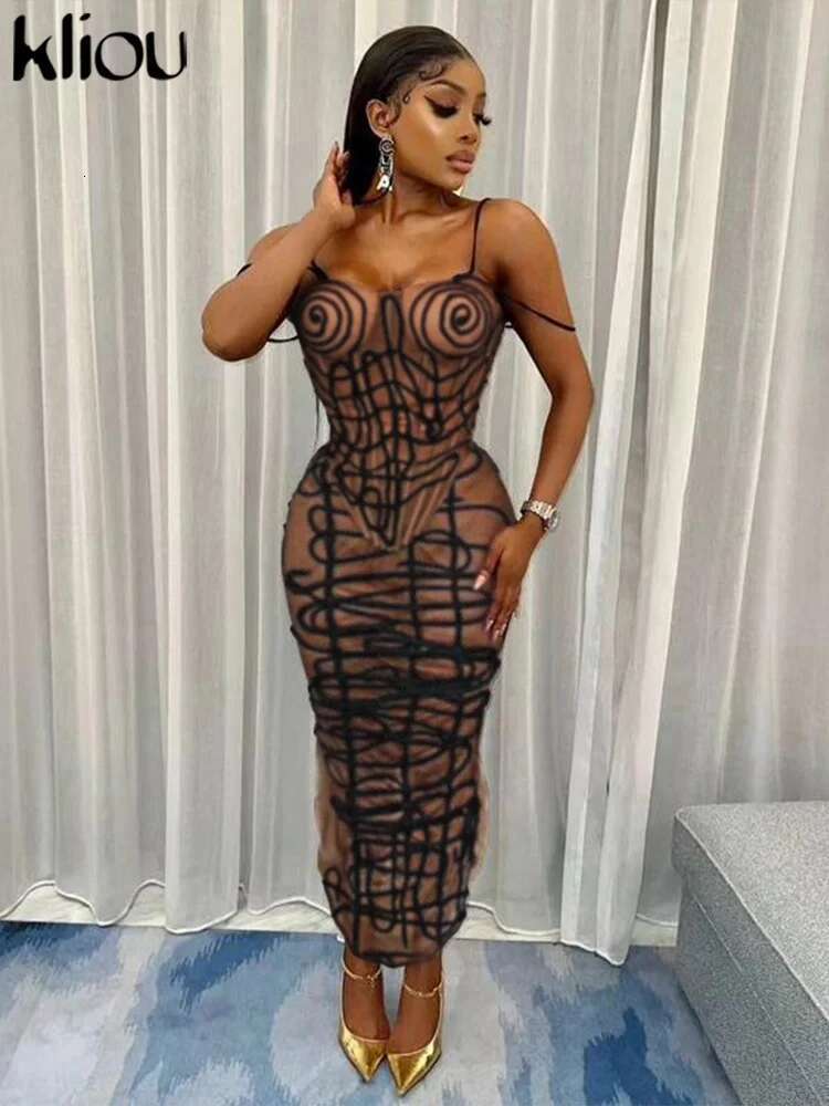 Kliou Summer Women Ankle-Length Sexy Mesh Two Piece Set K24s45555 Girl Striped Camis Slimming Tube+Hip Skirt Matching Attirewear