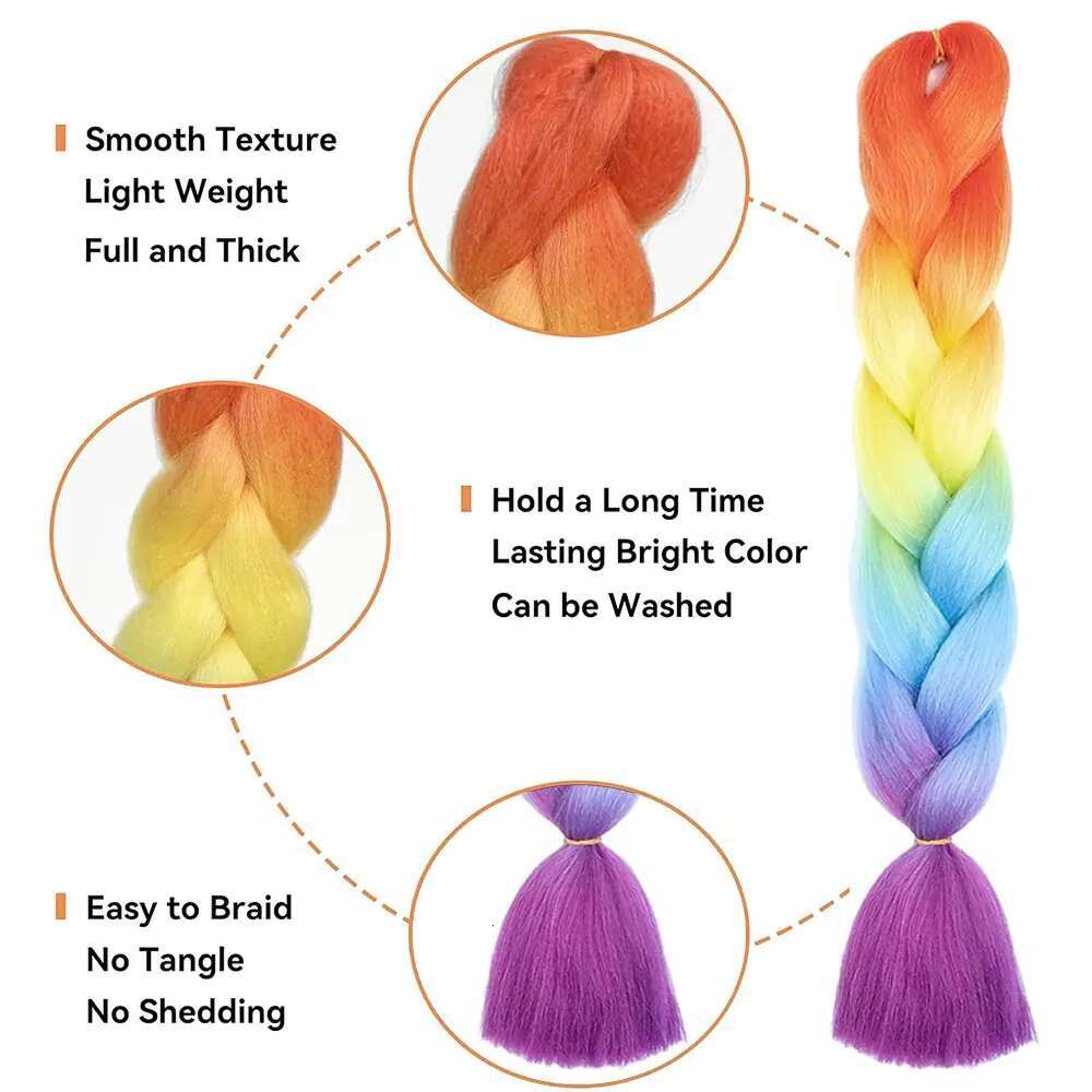 24 Inch Synthetic Ombre Jumbo Braiding For Twist Box Braids Pre Stretched Crochet Rainbow Colorful Hair Extensions