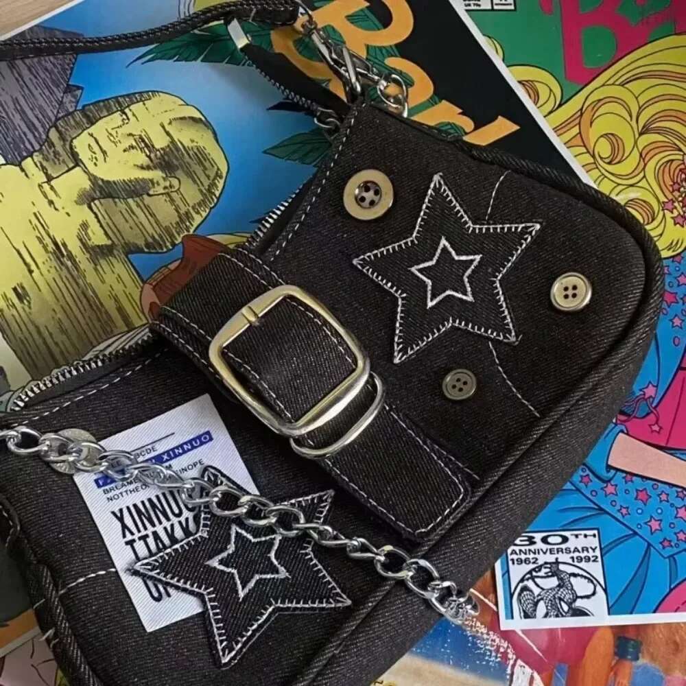 Y2k Women's Handbags Stars Pattern Cool Girls Underarm Bag Fashion Canvas Female Small Shoulder Bags Chain Tote Purses