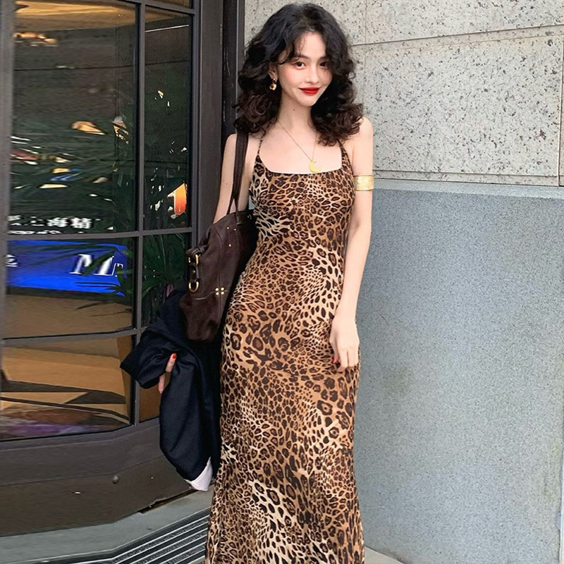 Women's New4 Summer New Fashion Sexy Off Back Lace Up Leopard Print Dress