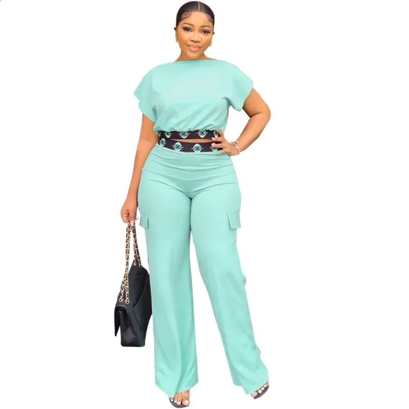 Geometric Print 2 Piece Sets Women Summer Fashion Boat Neck Short Sleeve Crop Top Casual Pocket Daily Pants Streetwear Sets 250225