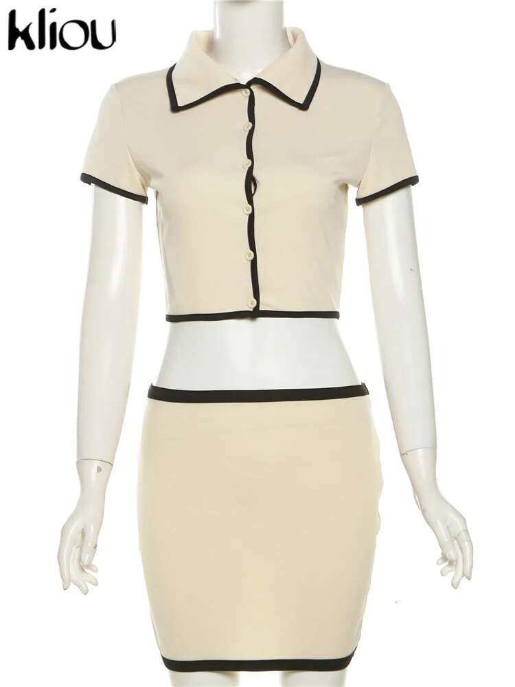 Kliou Casual Office 2 Piece Set Women Concise Single Breasted Lapel Striped Panelled Tops+Slim Skirts Female Coordinate Outfits