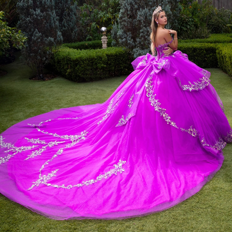 Purple Shiny Quinceanera Dresses Ball Gown Off The Shoulder Applique Lace Bow Beads Tull Party Birthday Sweet 16 Vestidos 15 De Anos