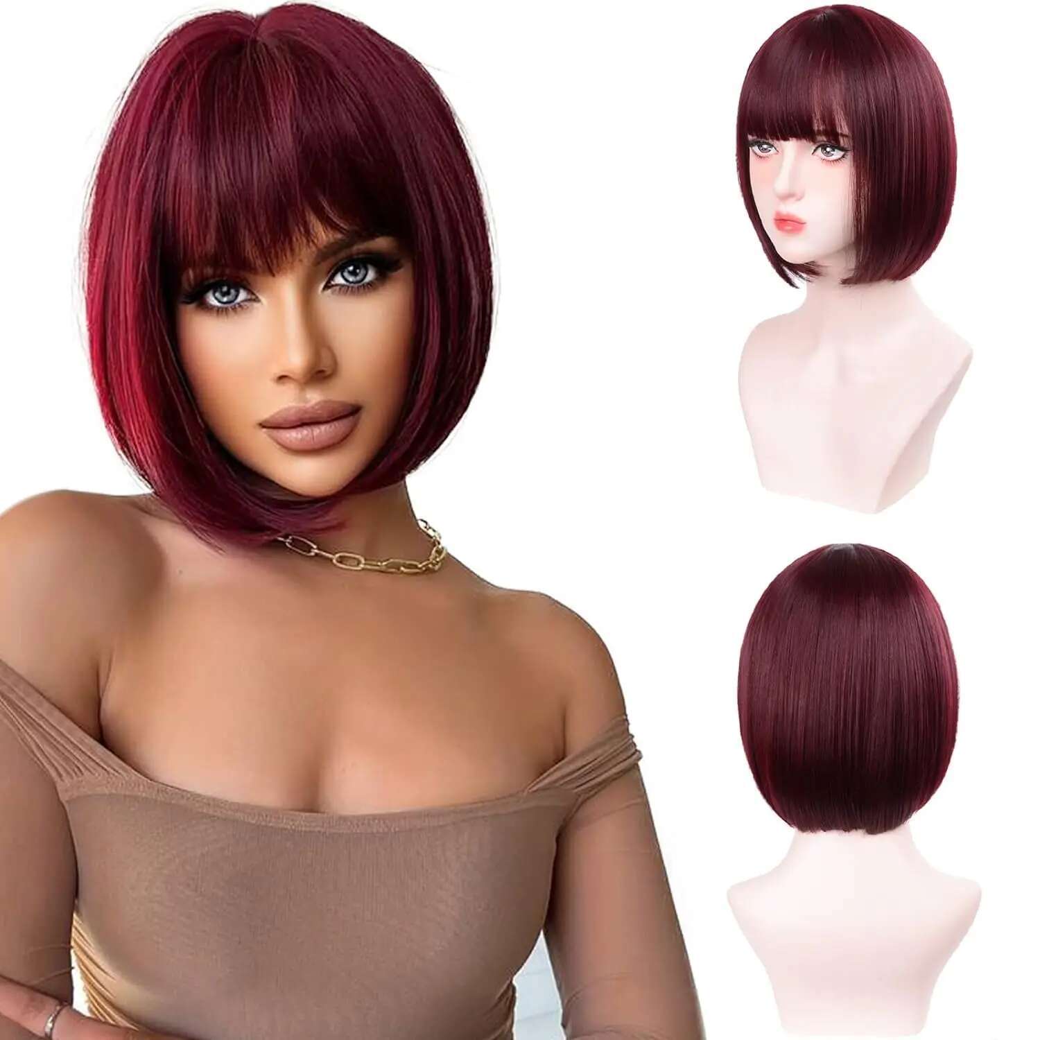 Short Bob Wigs With Bangs Synthetic 12" Straight Colorful Cosplay Daily Party Wig For Women Natural As Real Hair