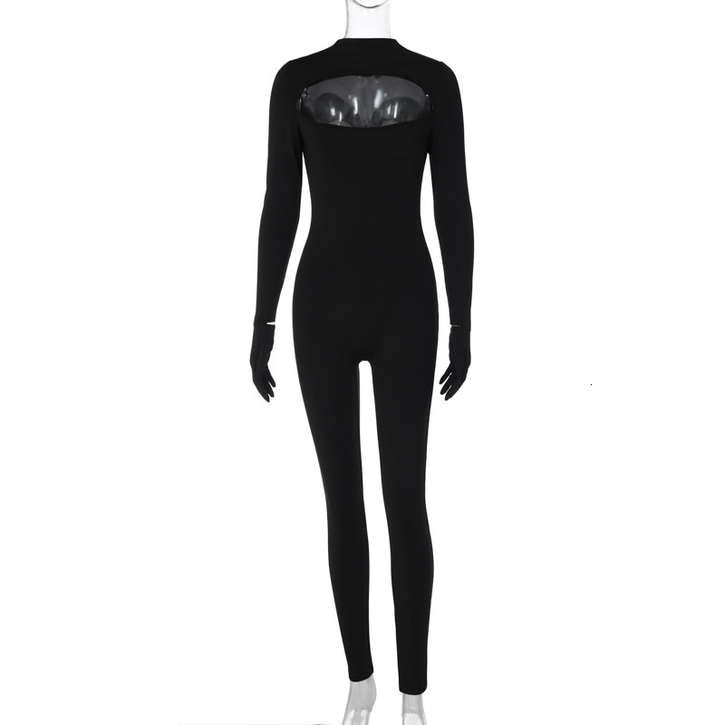 Women's New4 Spring New Fashion And Sexy Hollow Finger Cover Slim Fit Solid Color Jumpsuit